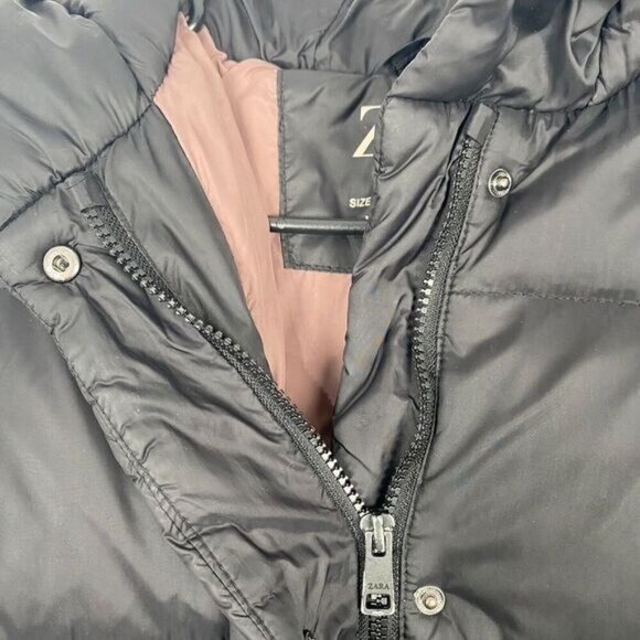 Zara Woman Black Down Zip Up Puffer Jacket Size 10 Winter Coat Hooded - Picture 12 of 16